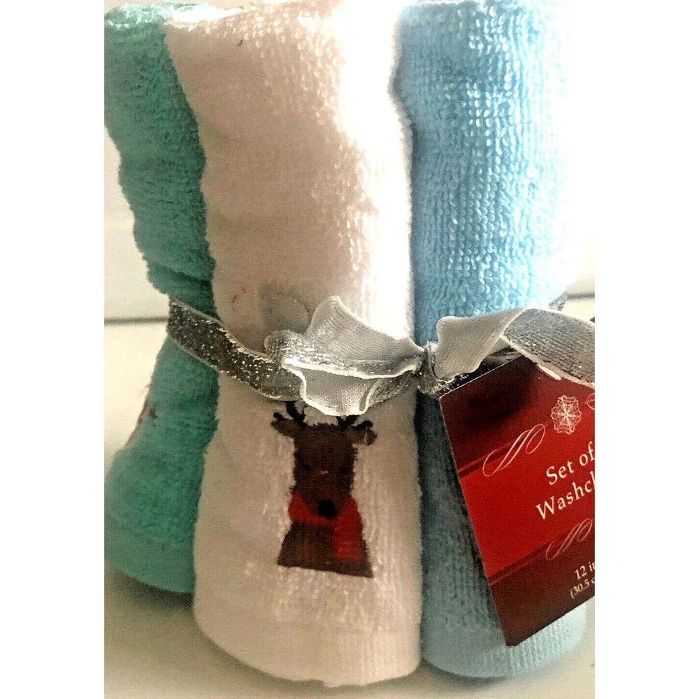 Christmas Embroidered Washcloths Facecloths Set of 6 White Blue Aqua 12x12